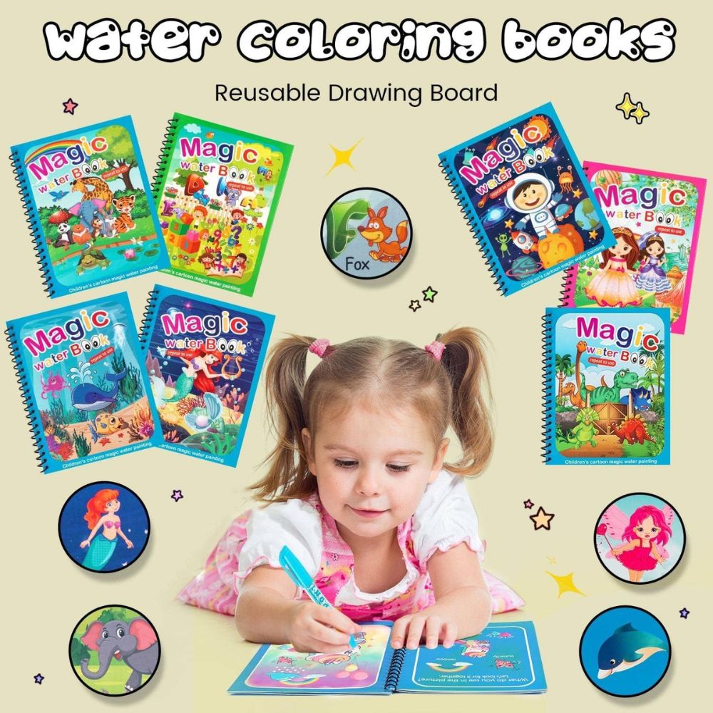 Reusable Magic Coloring Water Book (Pack Of 4 Books + 4 Pens)